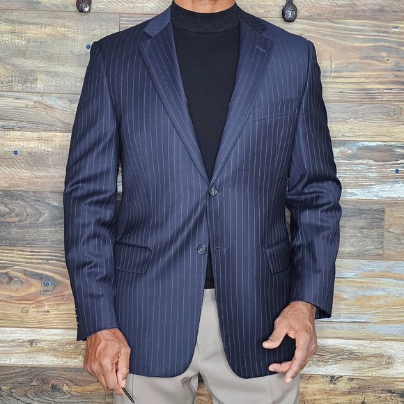 John W. Nordstrom Flextech Wool Navy Blue Striped Dual Vent Blazer Jacket 42R - Picture 5 of 11
